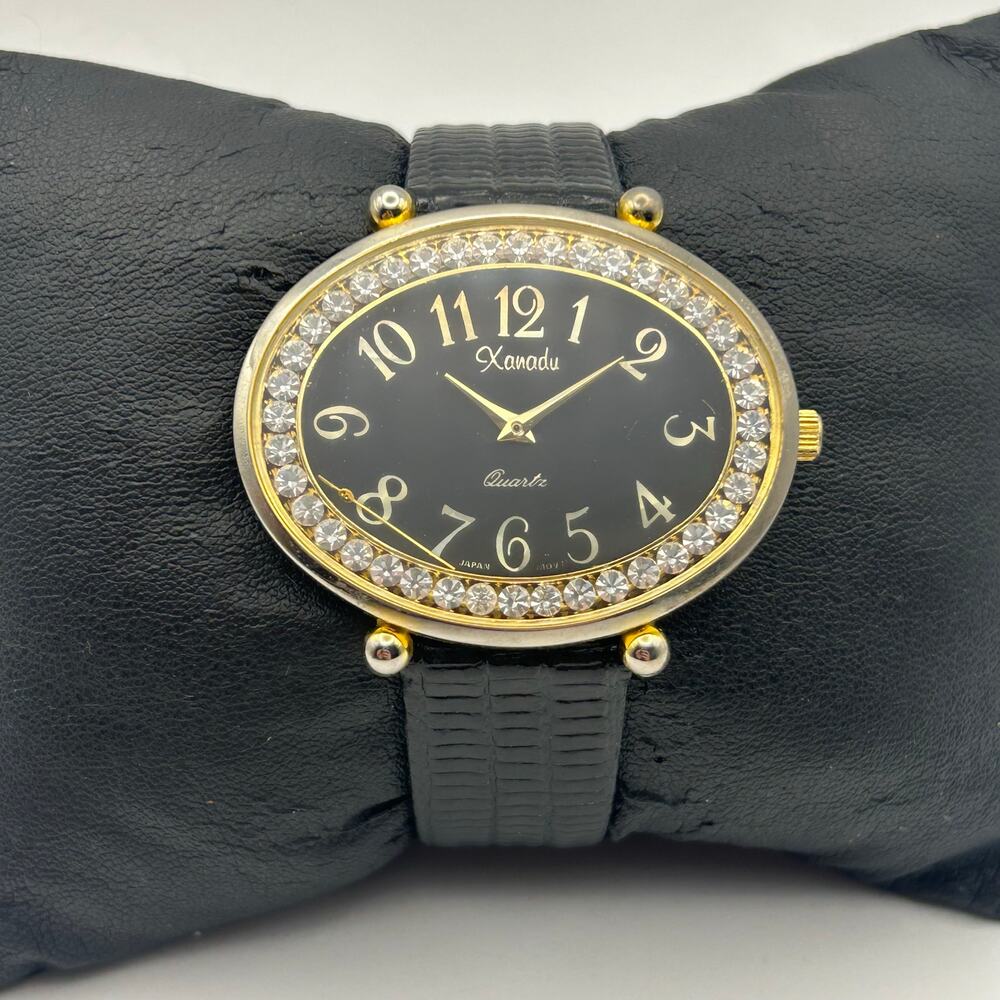 Xanadu Women's Watch Gold Tone Rhinestones Black Leather Band New Battery